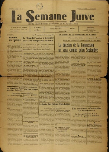 La Semaine Juive : Organe hebdomadaire d'éducation et de défense juive. N° 68 (23 juin 1939)